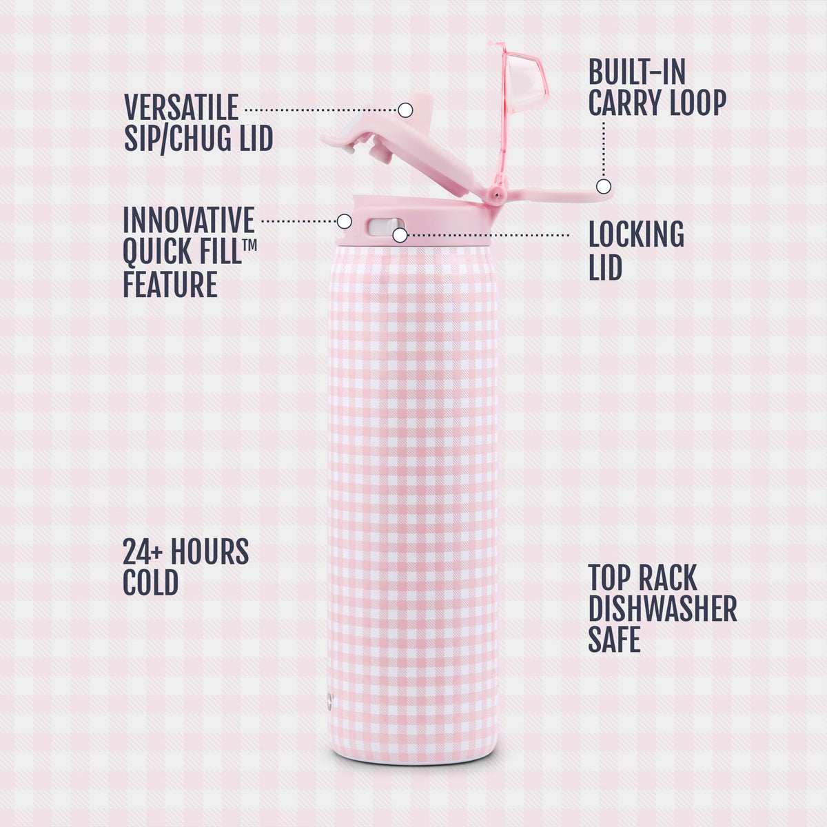 Ello bottle features leak-proof locking seal for secure daily carry.