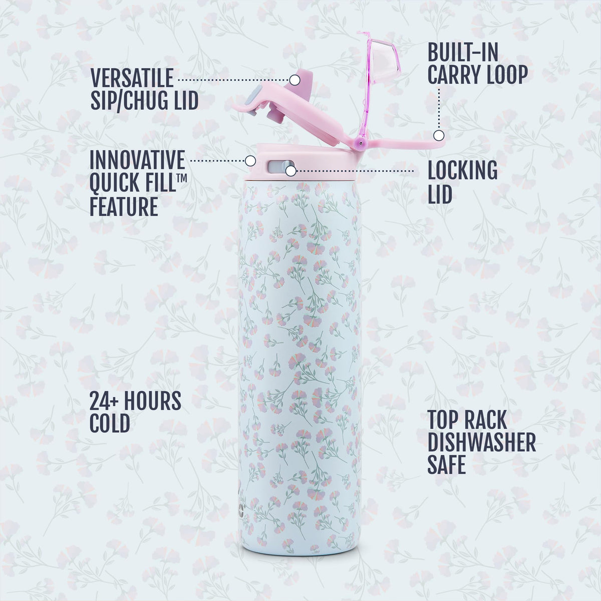 Ello Pop & Fill locking-lid keeps the bottle securely closed during workouts.