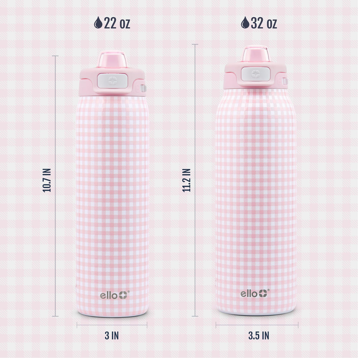 Ello pink gingham spout cover protects the drinking surface.
