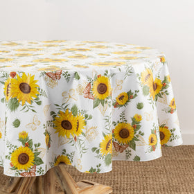 Elrene Sunflower Season round vinyl tablecloth close-up shows waterproof surface and backing.