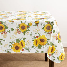 Elrene Sunflower Season tablecloth closeup showcases vintage floral design and durable vinyl surface for easy cleanup.