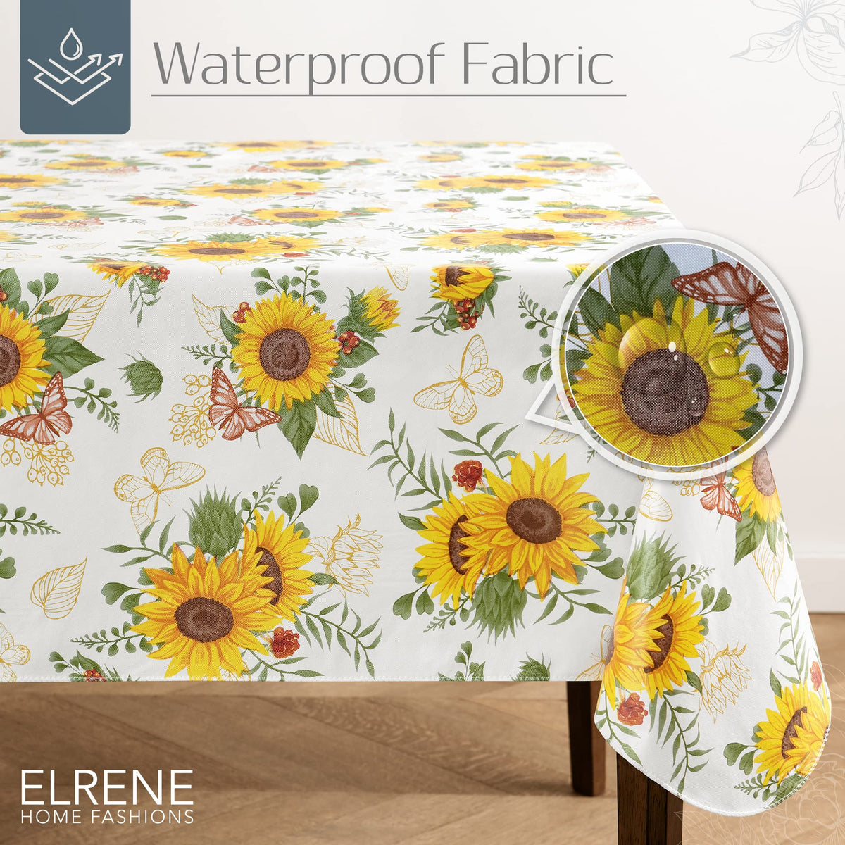 Elrene Sunflower Season dining scene highlights transform meals with festive, stain-resistant table protection.