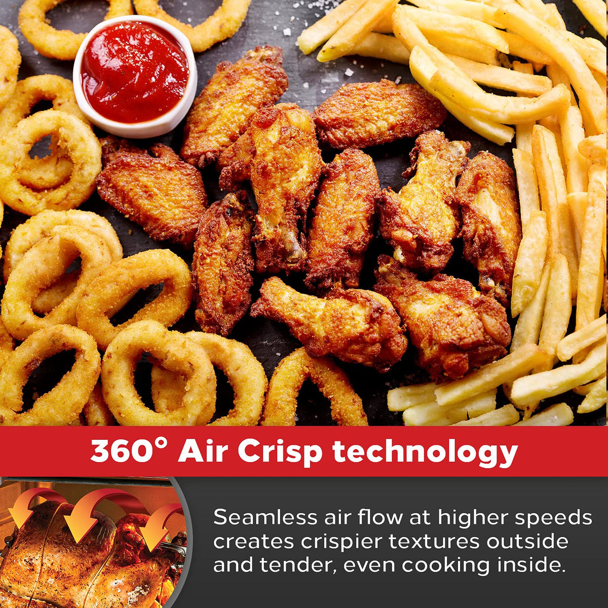 Emeril Lagasse Everyday 360 rotisserie spit mounted for even roasts and tender results.