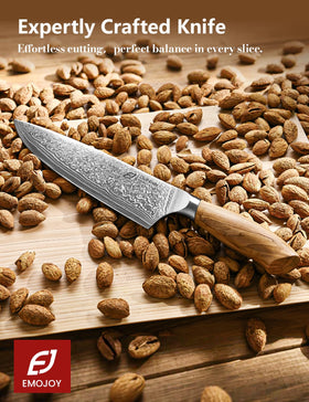 Emojoy kitchen knife cutting action shows smooth glide through meat and vegetables.