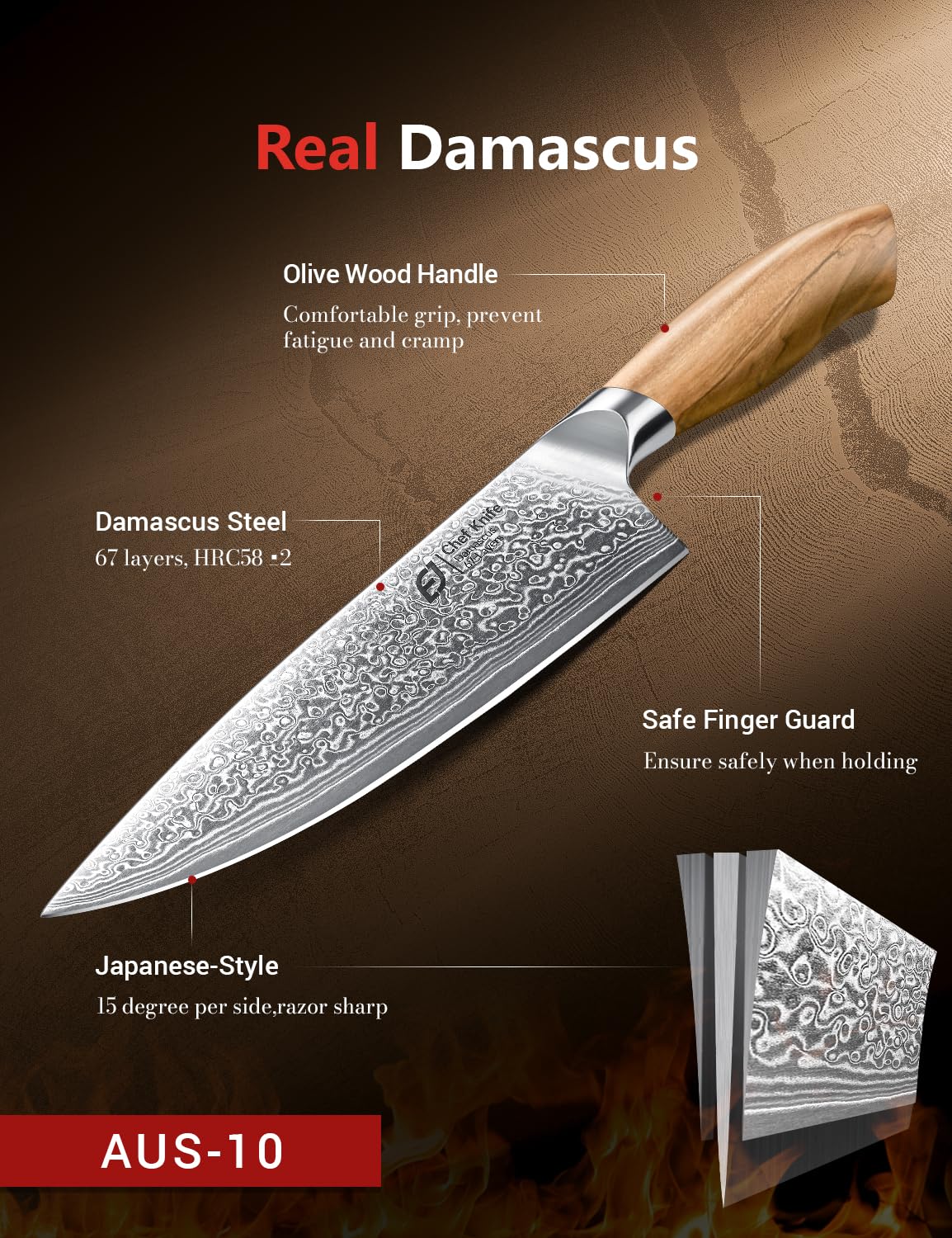 Emojoy Damascus chef knife wood handle closeup emphasizes comfortable grip and sturdy feel.
