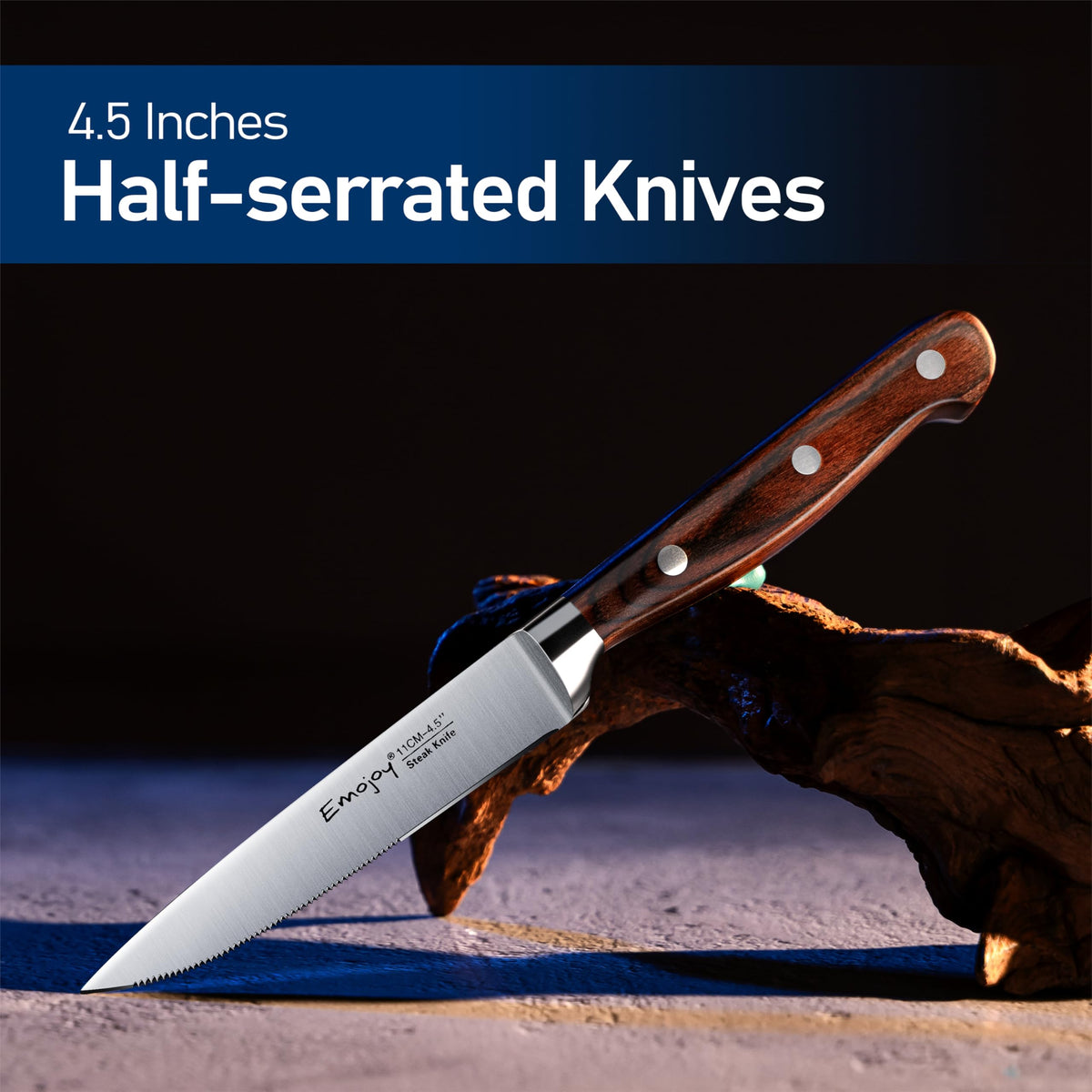 Emojoy steak knives with a 5-inch blade delivering precise, clean cuts.