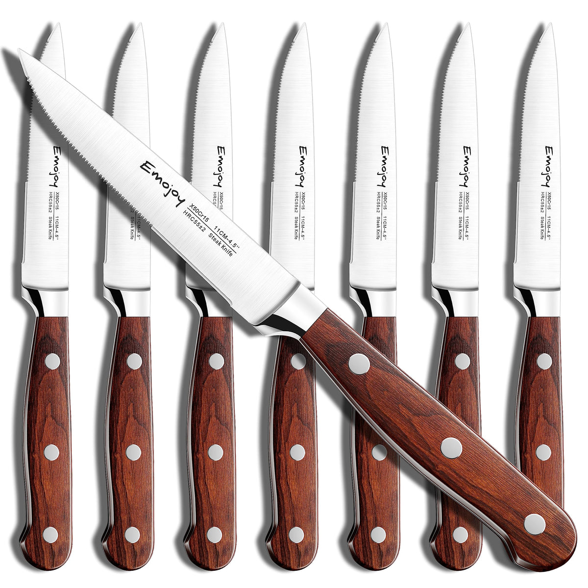 Emojoy 8-piece steak knives set in a gift box for elegant entertaining.