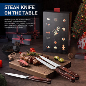 Emojoy steak knives full-tang design for balanced cutting performance.