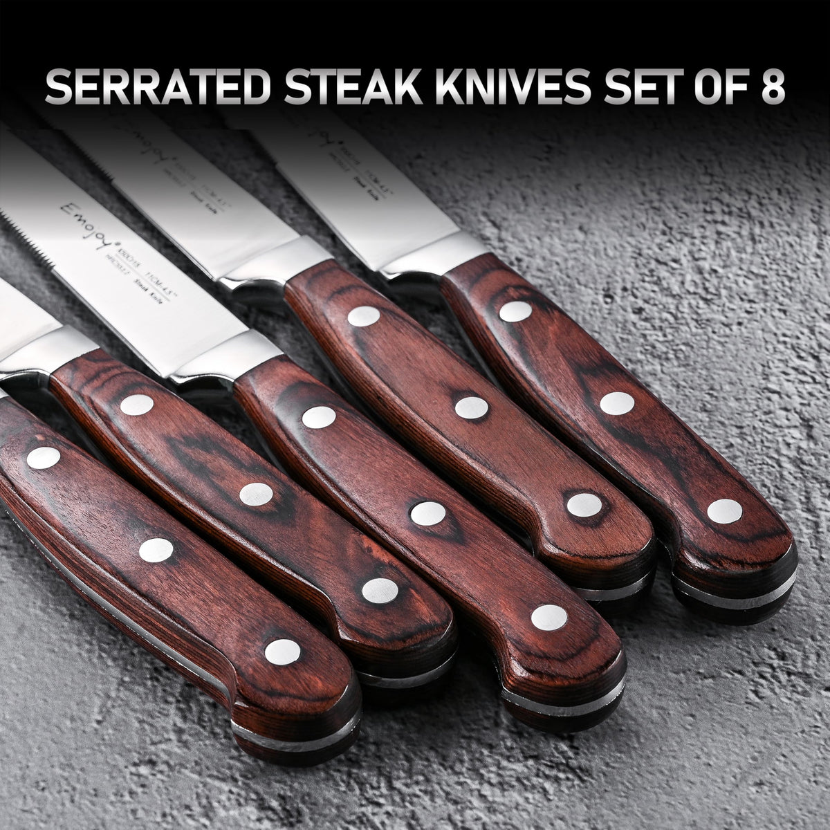 Emojoy steak knives with pakkawood handles provide comfortable grip.