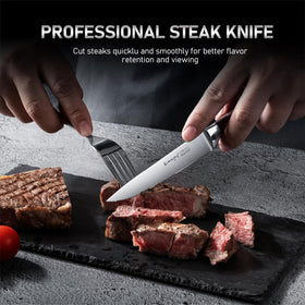 Emojoy steak knives rock-hollow dimples reduce sticking.