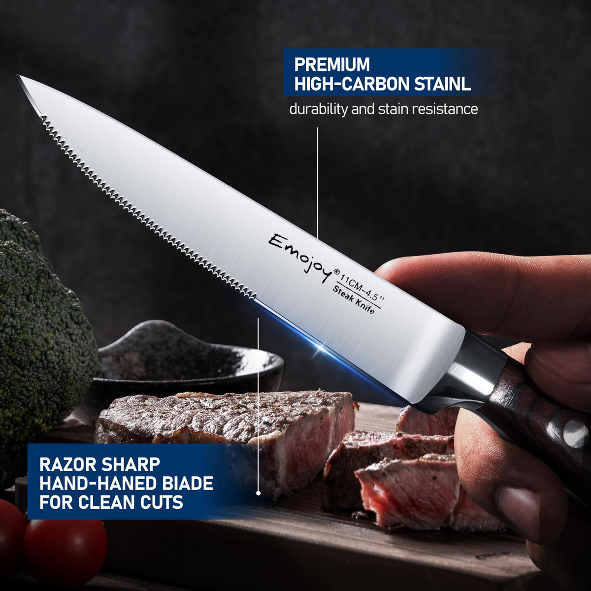 Emojoy steel blades using German high-carbon steel for lasting sharpness.