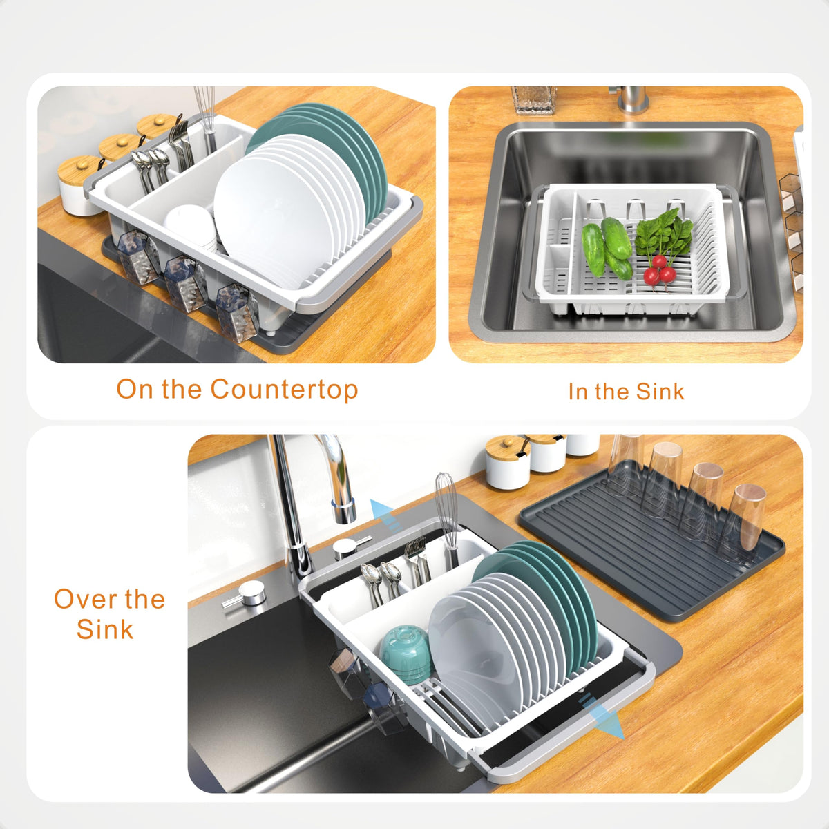 EMT ETRENDS in-sink rack organizes utensils while drying.