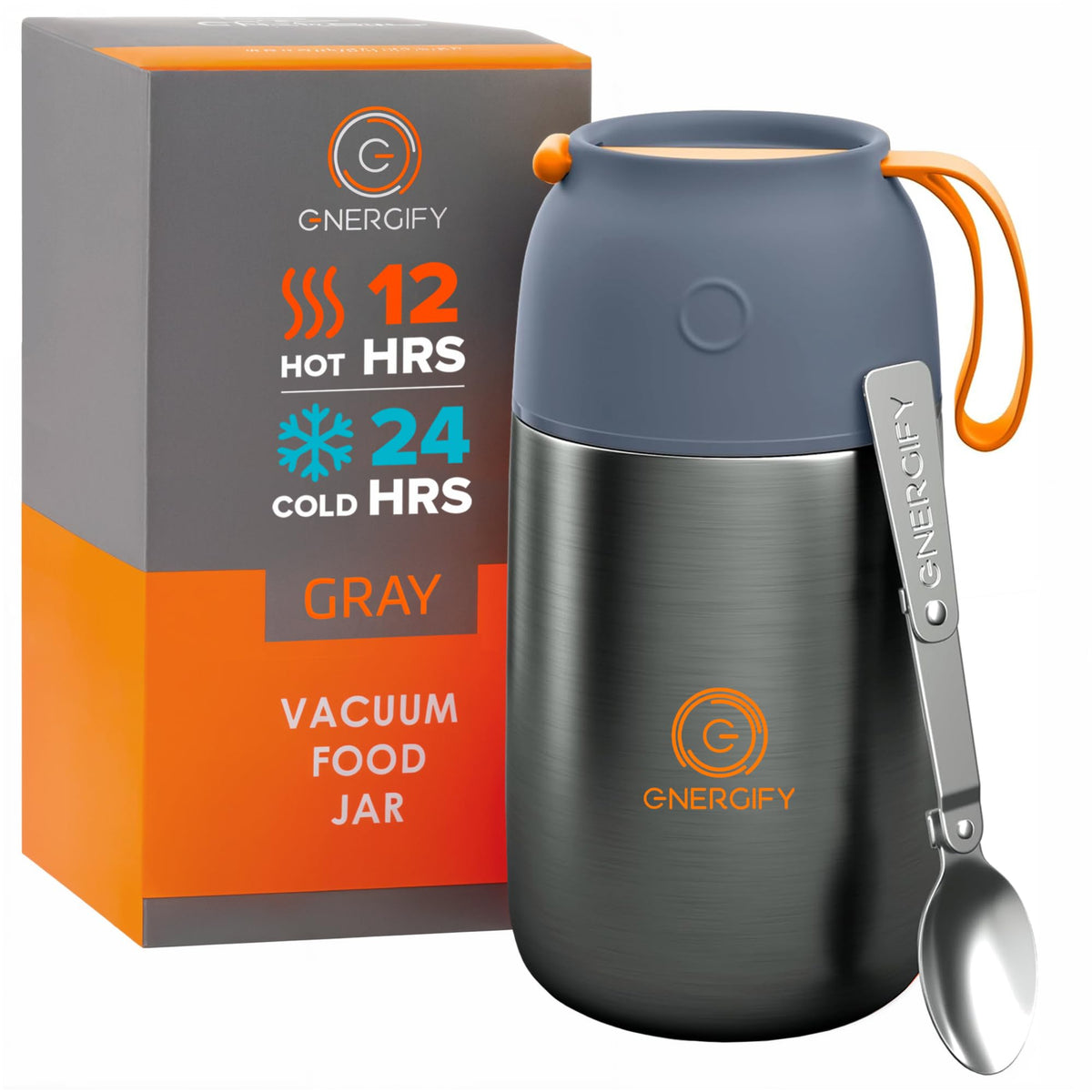 ENERGIFY vacuum insulated food jar with wide mouth keeps meals hot or cold for hours.