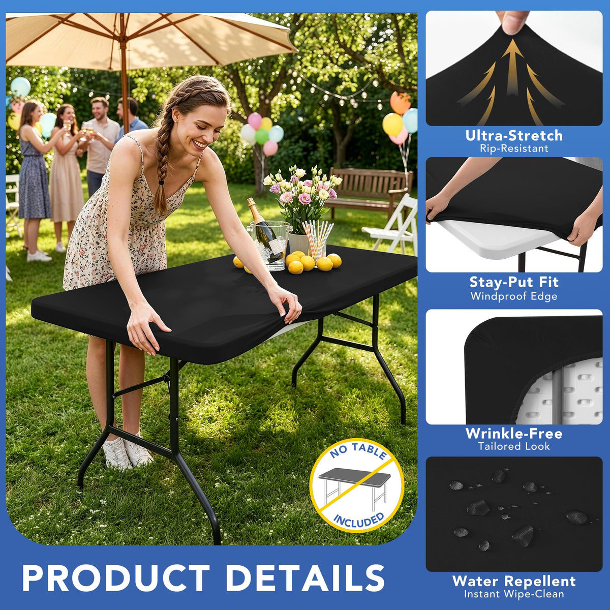 Enjoyidea black spandex tablecloth - durable, stain resistant cover for indoor and outdoor use.