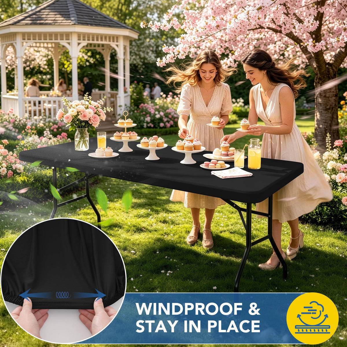 Enjoyidea water-repellent tablecloth keeps spills contained on outdoor gatherings.