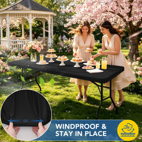 Enjoyidea water-repellent tablecloth keeps spills contained on outdoor gatherings.