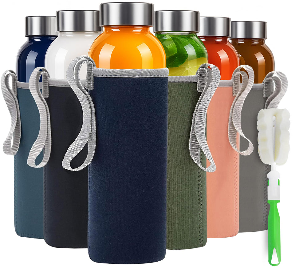 Epica 18oz glass bottle with wide mouth and lid for easy filling and leak-proof transport.