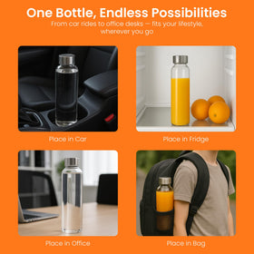 Epica glass juice bottle six-pack for storing fresh juice at home or work.