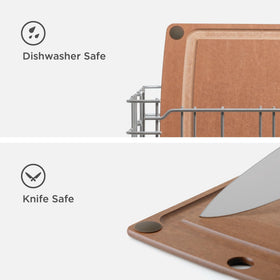 Epicurean All-In-One cutting board demonstrates knife-safe surface for chopping.