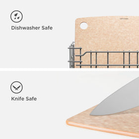 Epicurean board shown in dishwasher, easy cleanup after meals.