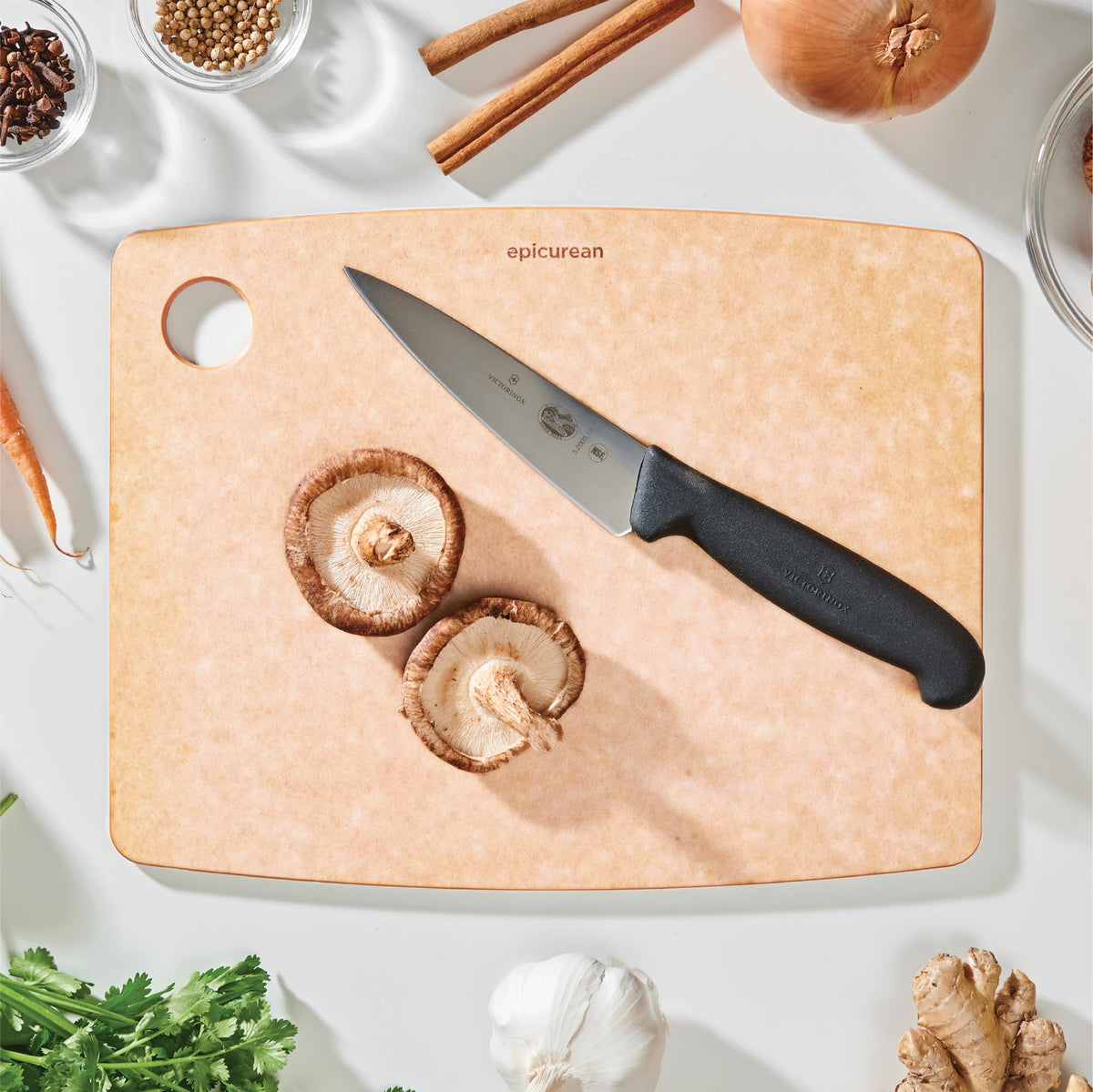 Epicurean cutting board with knife-friendly surface preserves blade sharpness during chopping.