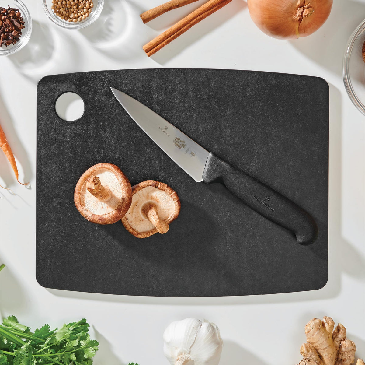 Epicurean Kitchen Series cutting board slate side view; thin profile for easy storage