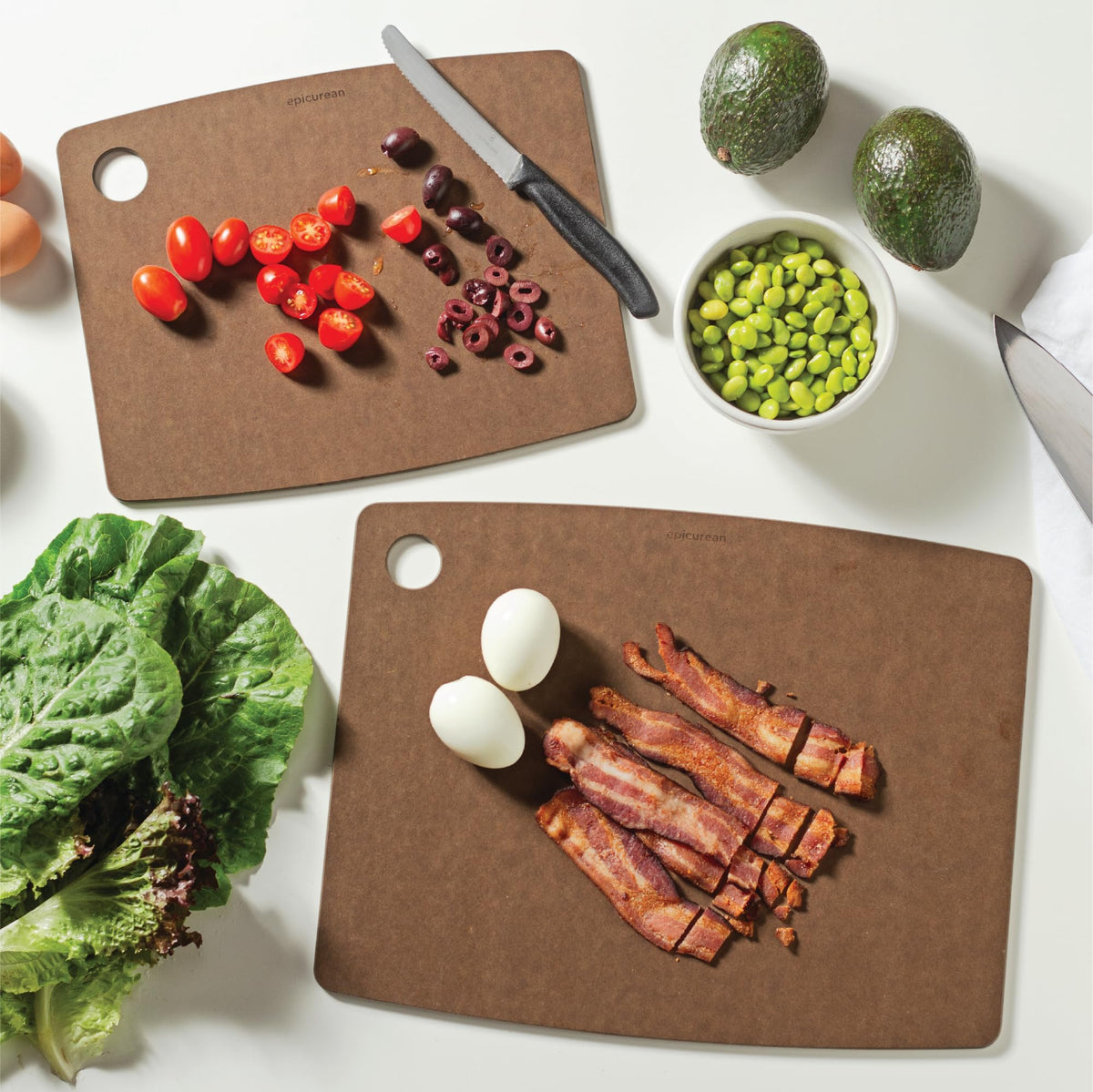 Epicurean board with hang hole for convenient storage.