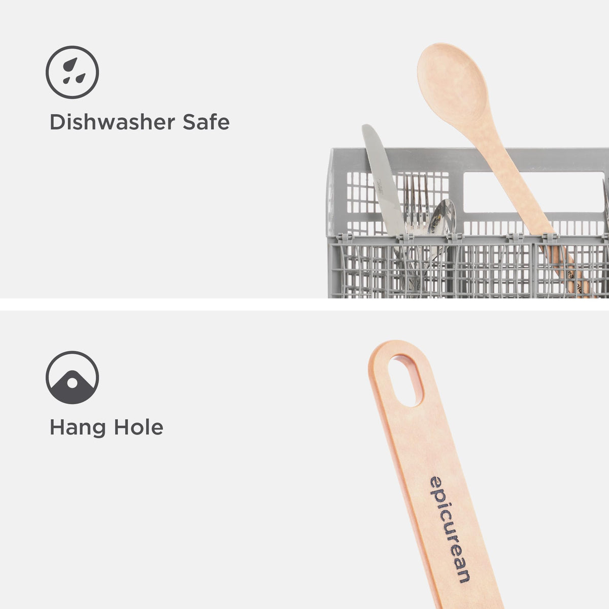 Epicurean Medium Spoon in natural color in pan, ideal for stirring and scraping.