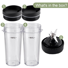 Equust 16oz cups beside Ninja blender on kitchen counter.