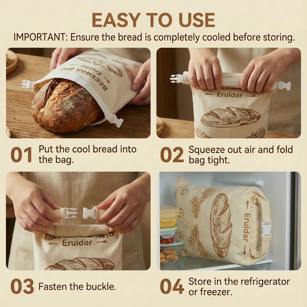 Eruidar bread bag in freezer scene highlights freezer-friendly storage.