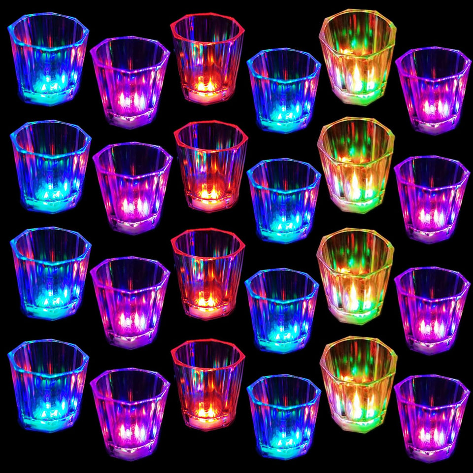 Esdabem light-up shot glasses in a 24-pack illuminate the table with vibrant color