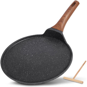 ESLITE LIFE 11-inch crepe pan with spreader on stove showing even heat distribution for delicate batters