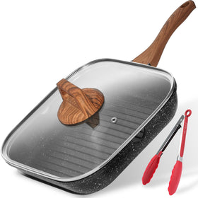 ESLITE LIFE 11-inch grill pan with lid on induction stove for easy cleanup and versatile grilling