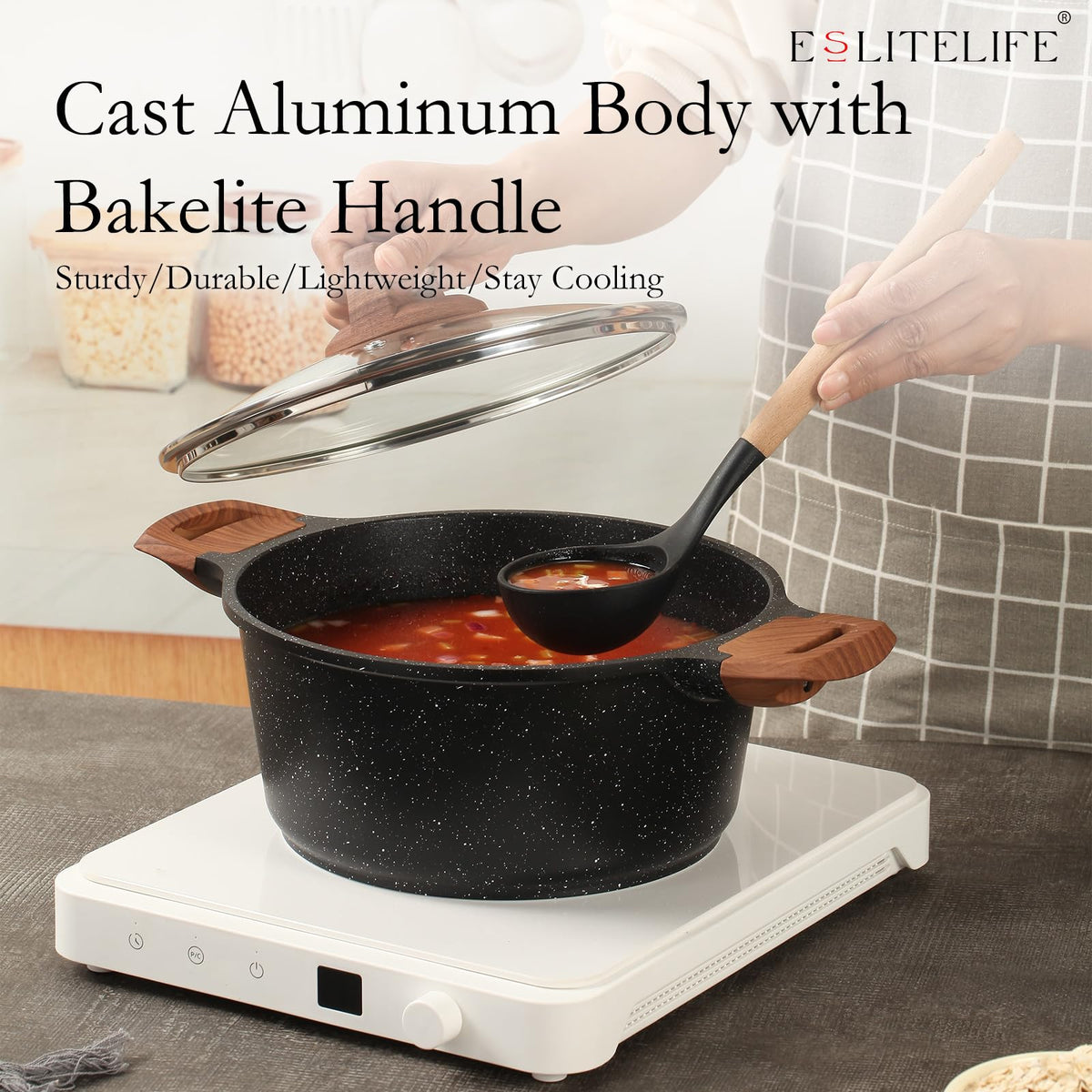 ESLITE LIFE cast aluminum stock pot, durable and easy to clean.