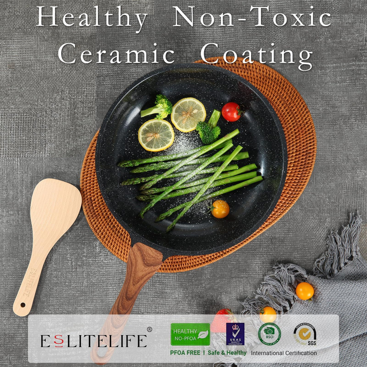 ESLITE LIFE ceramic coating pan highlighted for easy cleaning and oil reduction.