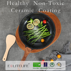 ESLITE LIFE ceramic coating pan highlighted for easy cleaning and oil reduction.