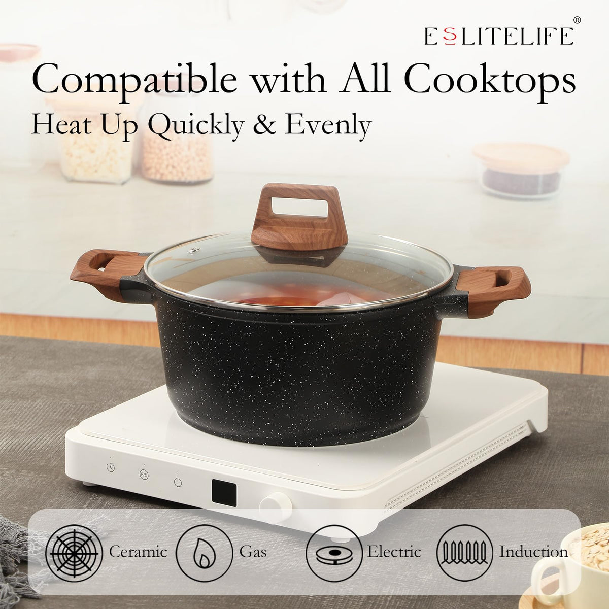 ESLITE LIFE glass lid clears view to monitor cooking progress.