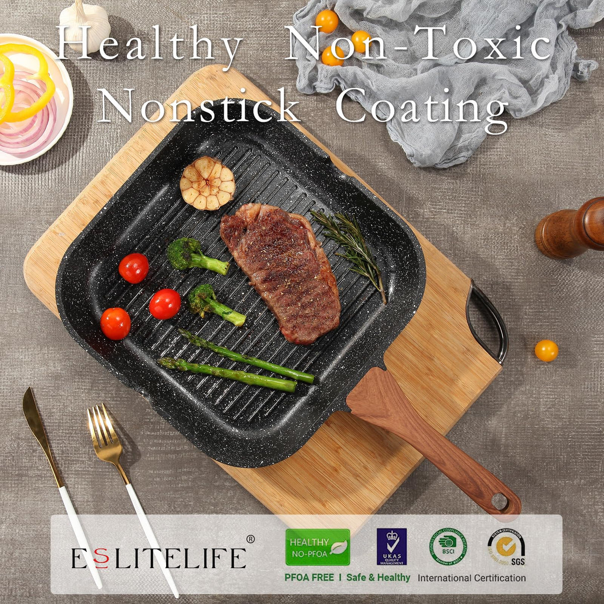ESLITE LIFE grill pan ridges channel fat for crisp grill marks