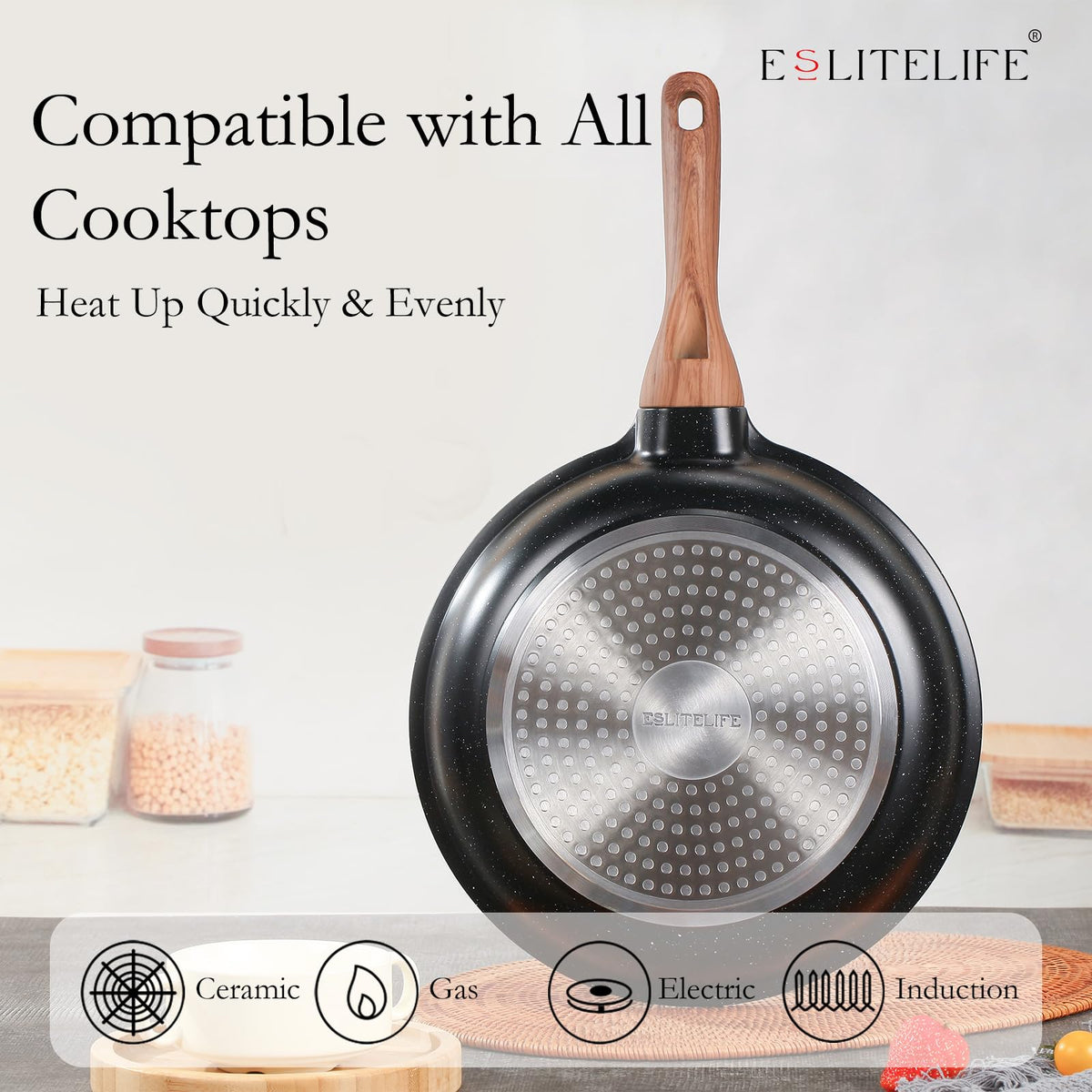 ESLITE LIFE induction-compatible base centers heat evenly across stovetops.