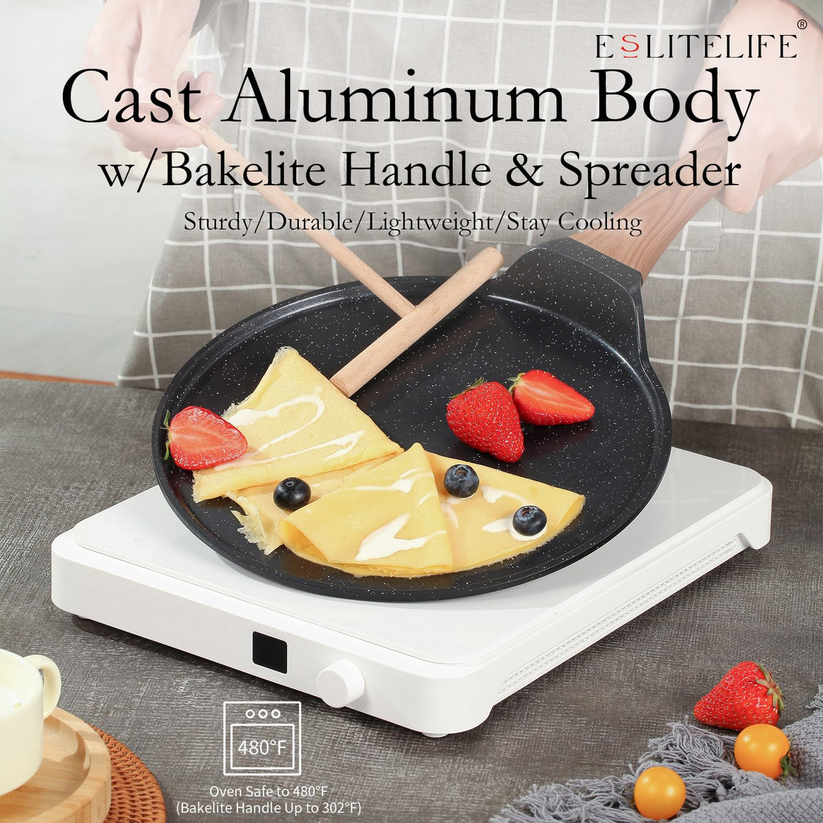 Tortilla and pancake cooking with ESLITE LIFE pan on a flat griddle surface
