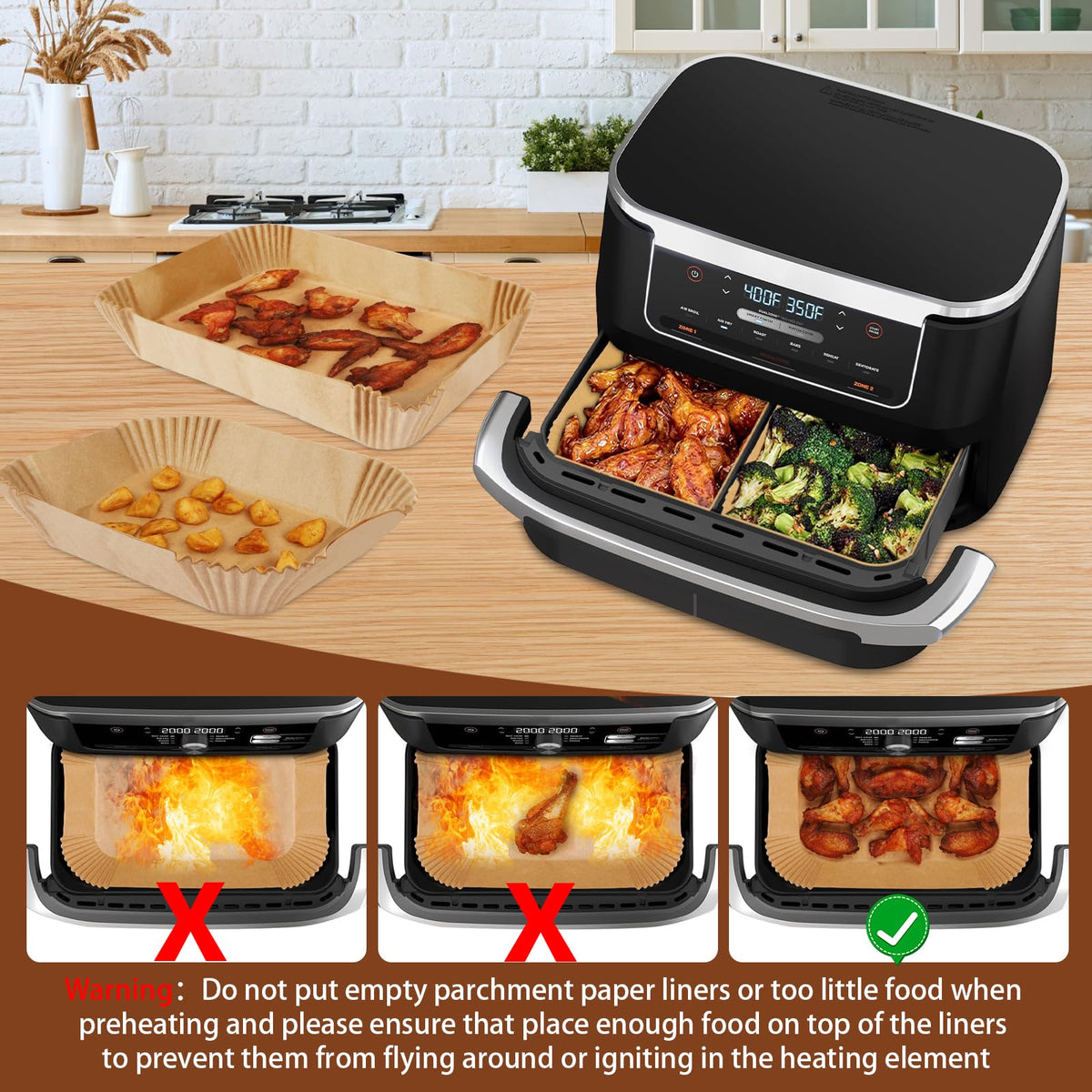 Eslotre bowl-shaped liners catch grease and keep sides clean.