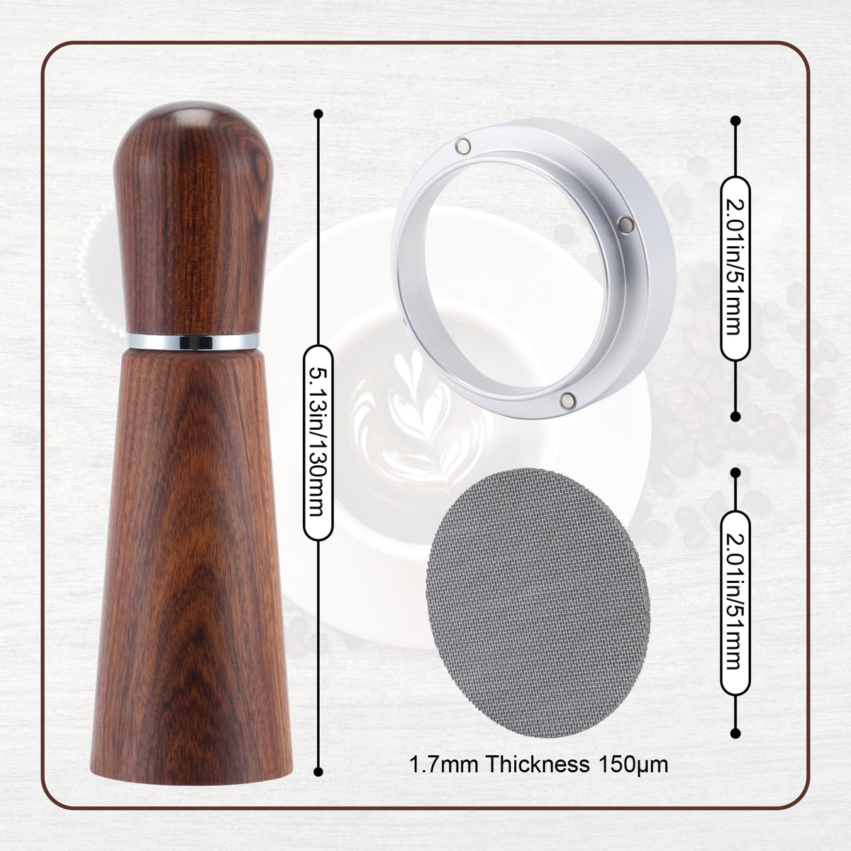 Espresso-kit wood-handle distribution tool offers a comfortable grip during use.
