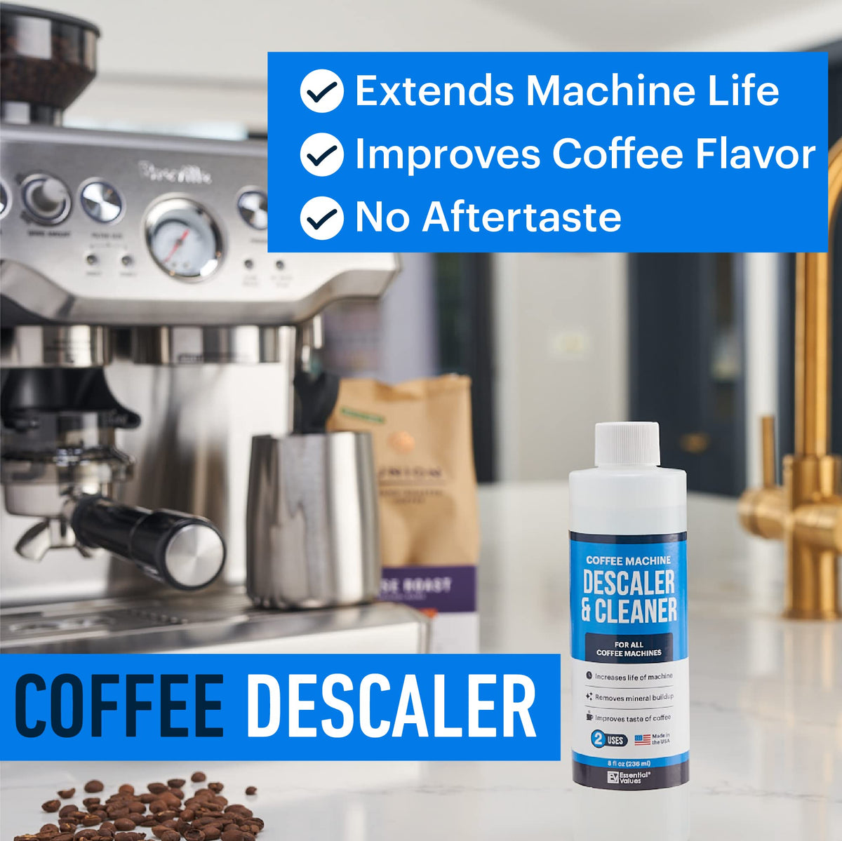 Essential Values descaling solution liquid being poured for limescale removal in coffee maker.