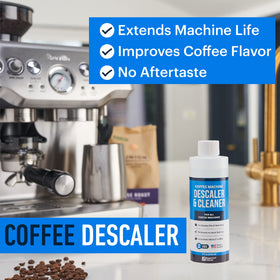 Essential Values descaling solution liquid being poured for limescale removal in coffee maker.