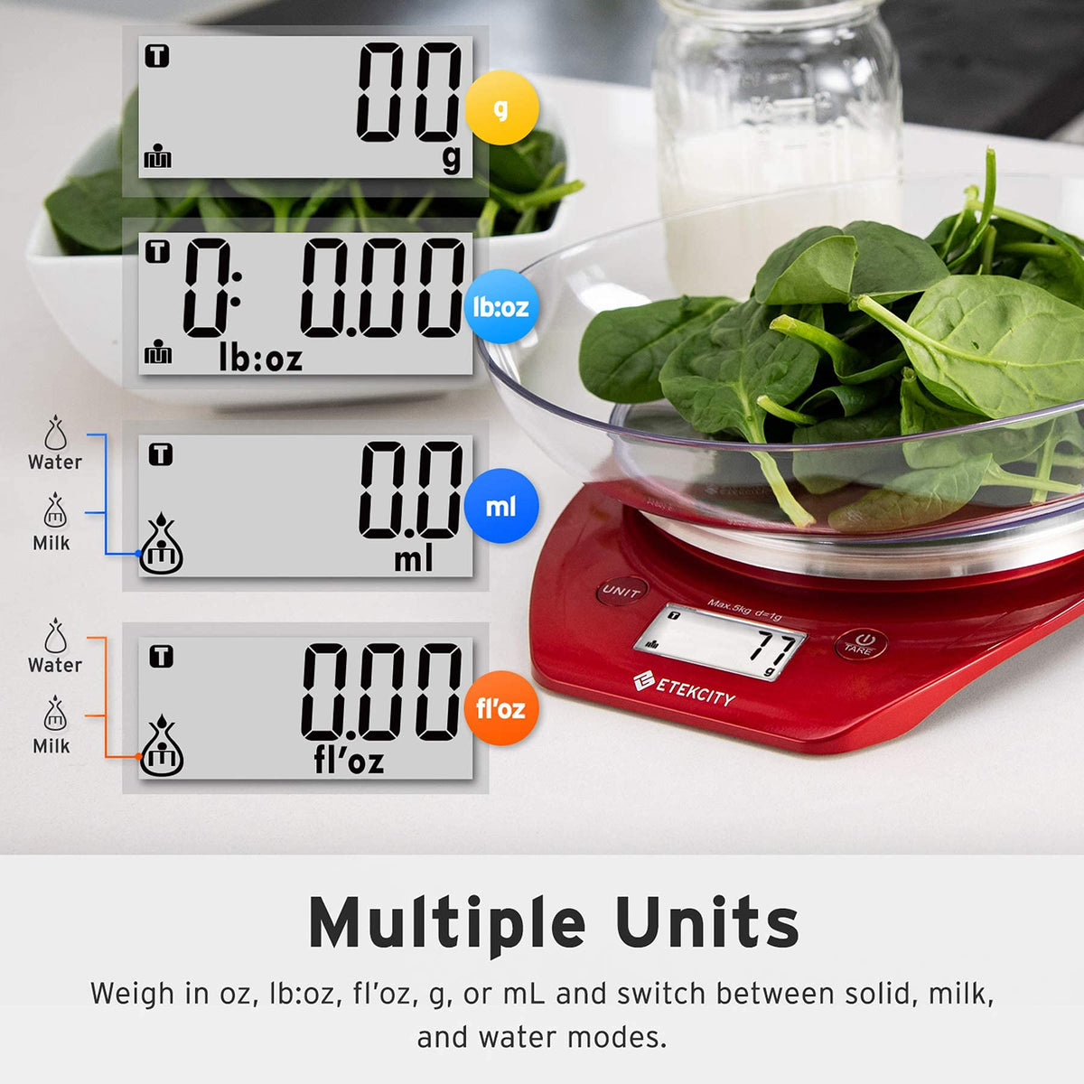 Etekcity multiple units for g, oz, lb, ml