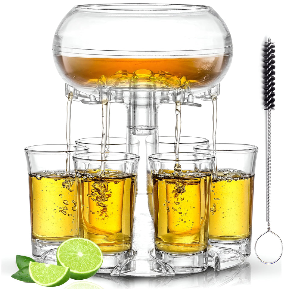 Etihub shot dispenser with 6 glass set for smooth, even pours.