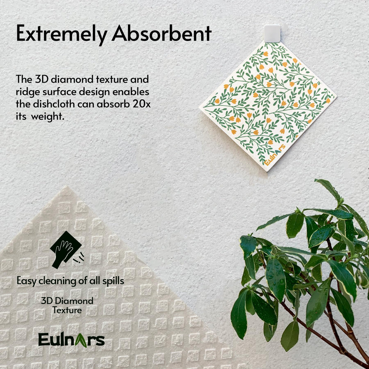 Absorbent cellulose dishcloth from Eulnars cleans spills on multiple surfaces.