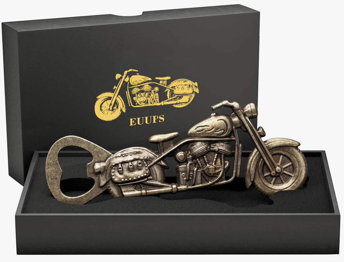EUUPS vintage motorcycle bottle opener, front view, shows detailed metal craftsmanship and rugged appeal.