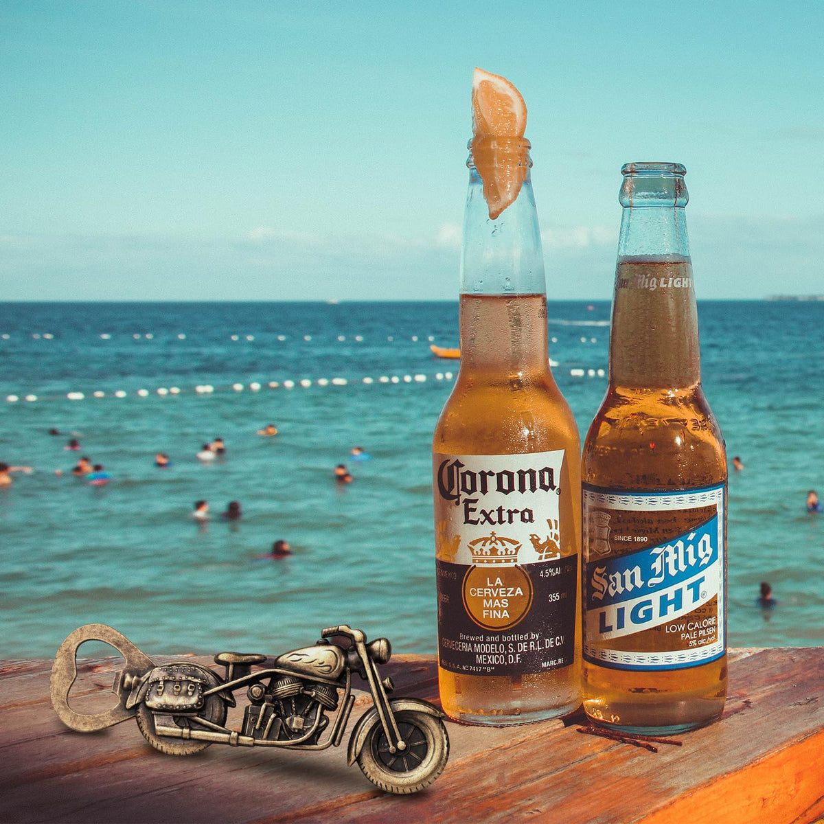EUUPS vintage motorcycle bottle opener, side detail highlights sturdy zinc alloy construction.