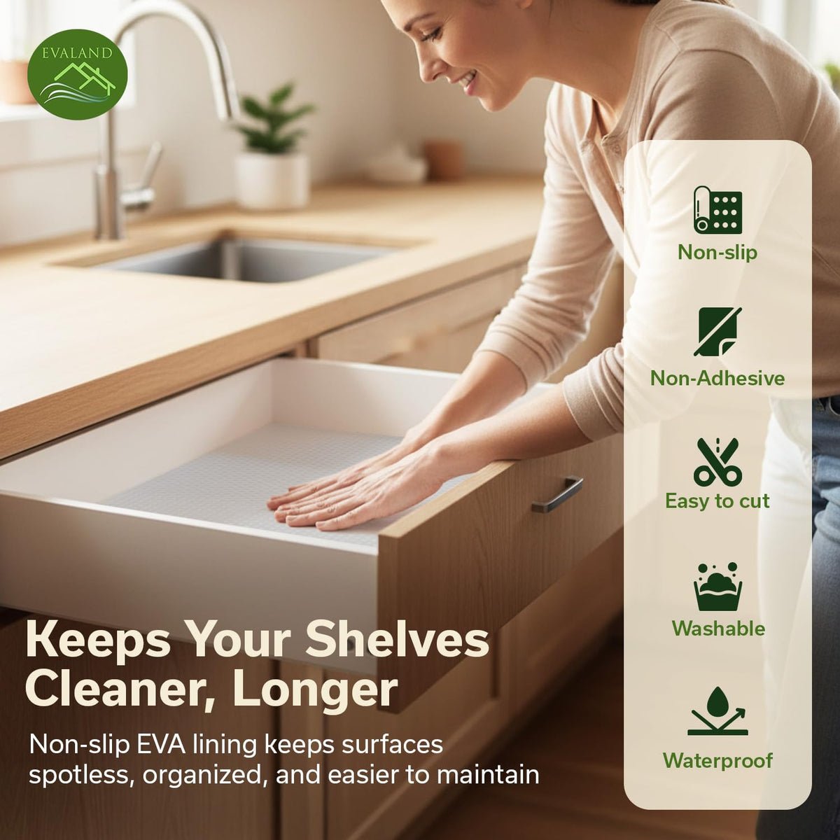 Evaland shelf liner in a drawer; organized utensils sit securely on a thick cushioned surface